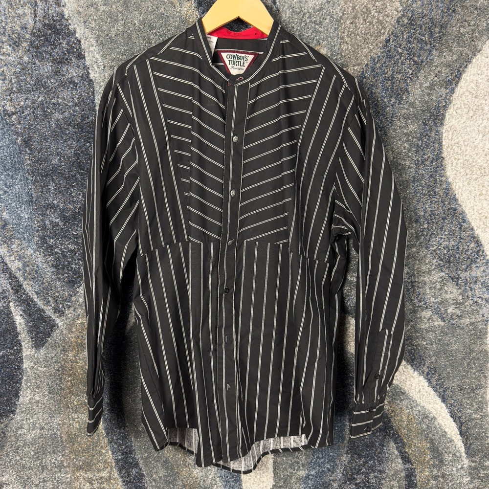 Vintage Cowboys Turtle Association Shirt Mens L Black Pinstripe Band Collar